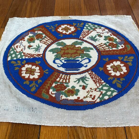 Vintage Round Floral Basket & Urn Needlepoint in Blue, Rust, & Ivory – Unframed - Picture 1 of 9